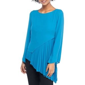 NWT The Limited Mykonos Blue Asymmetric Pleated Long Sleeve Womens Blouse Top
